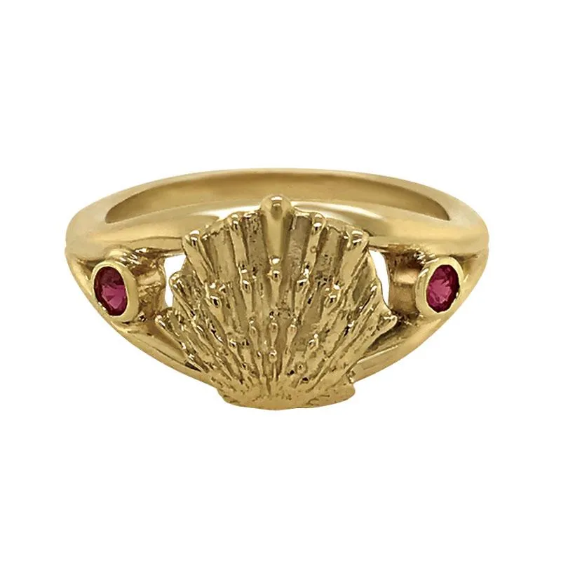 07 July "Birthshell" 14k Yellow Gold Ring: The Lion's Paw with Rubies