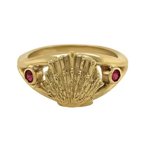07 July "Birthshell" 14k Yellow Gold Ring: The Lion's Paw with Rubies