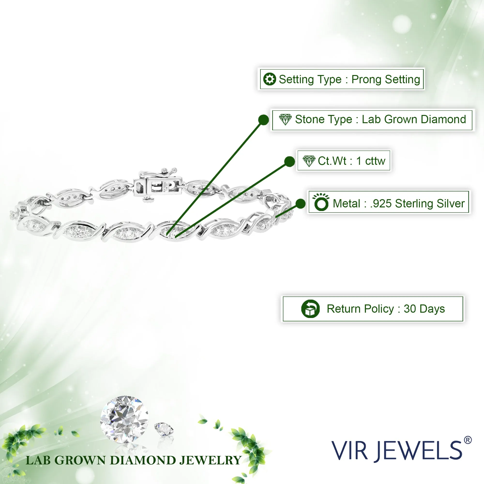 1 cttw Lab Grown Diamond Tennis Bracelet Marquise Sterling Silver