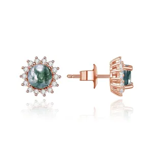 1.0 Ct 6mm Round Cut Moss Agate Snowflake Halo Studs Earring
