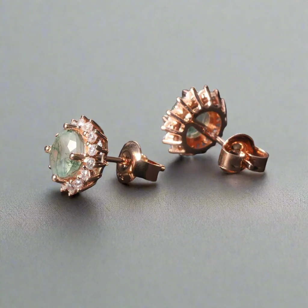 1.0 Ct 6mm Round Cut Moss Agate Snowflake Halo Studs Earring