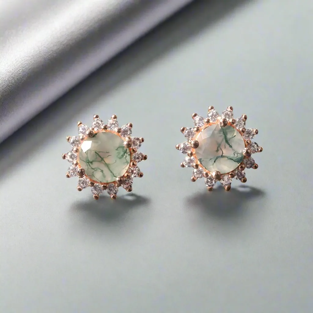1.0 Ct 6mm Round Cut Moss Agate Snowflake Halo Studs Earring