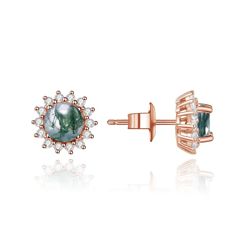 1.0 Ct 6mm Round Cut Moss Agate Snowflake Halo Studs Earring