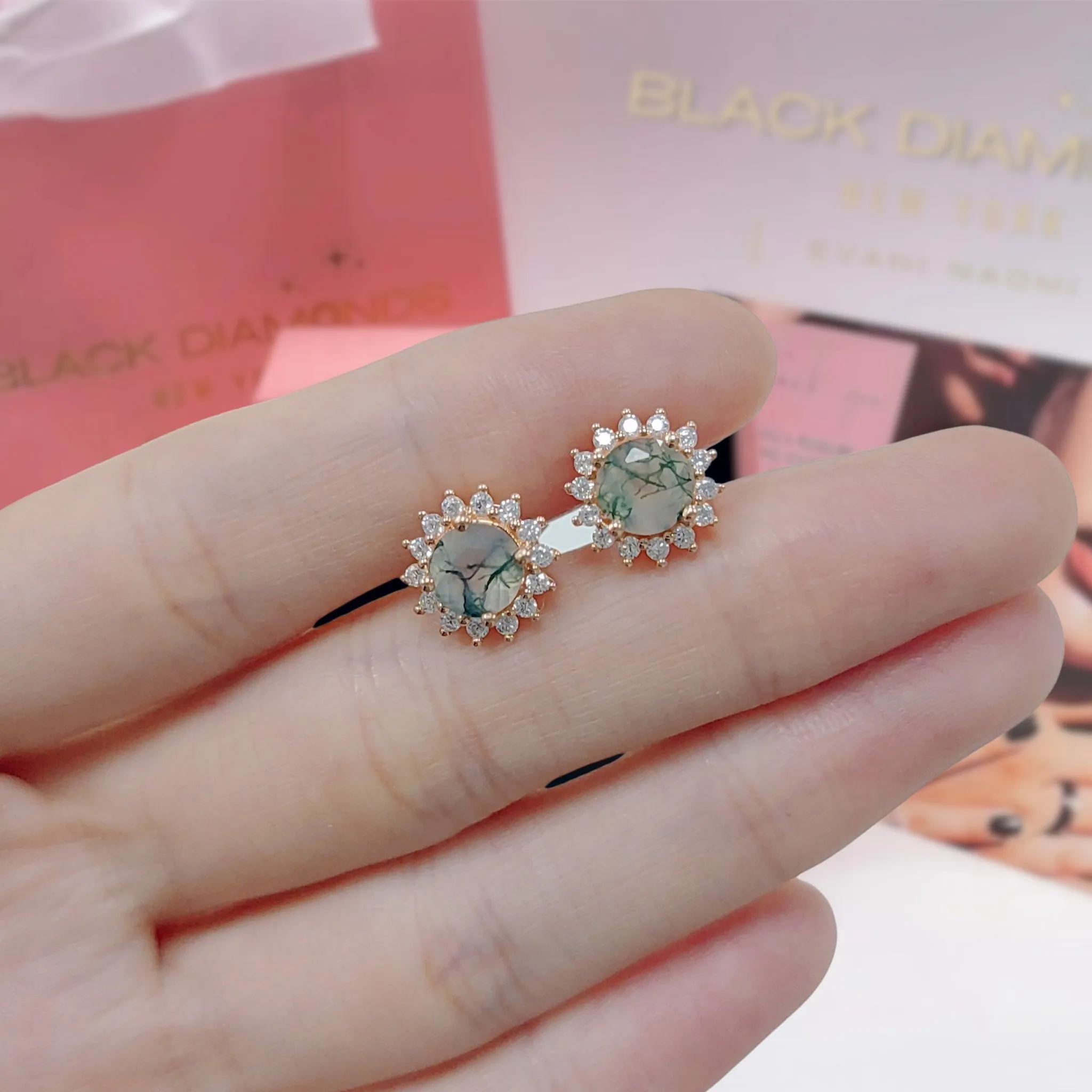 1.0 Ct 6mm Round Cut Moss Agate Snowflake Halo Studs Earring