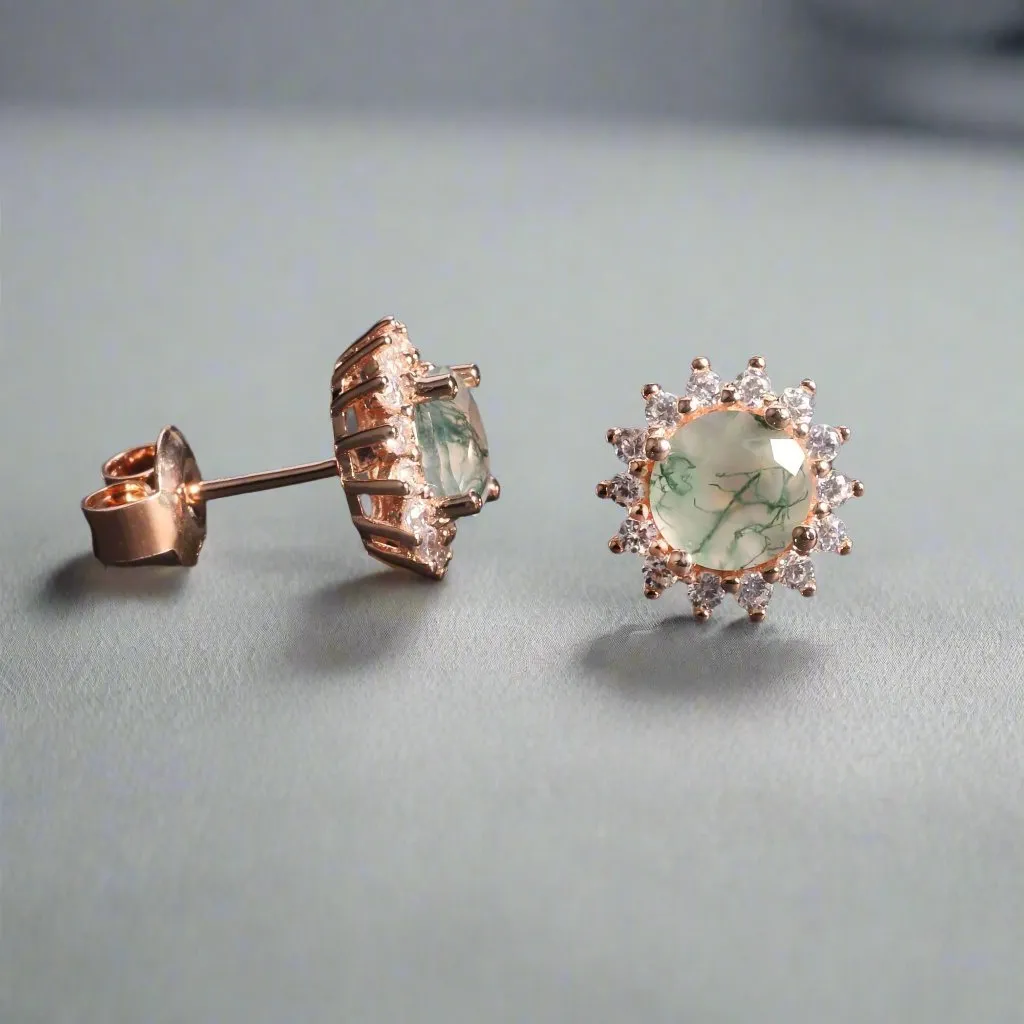 1.0 Ct 6mm Round Cut Moss Agate Snowflake Halo Studs Earring