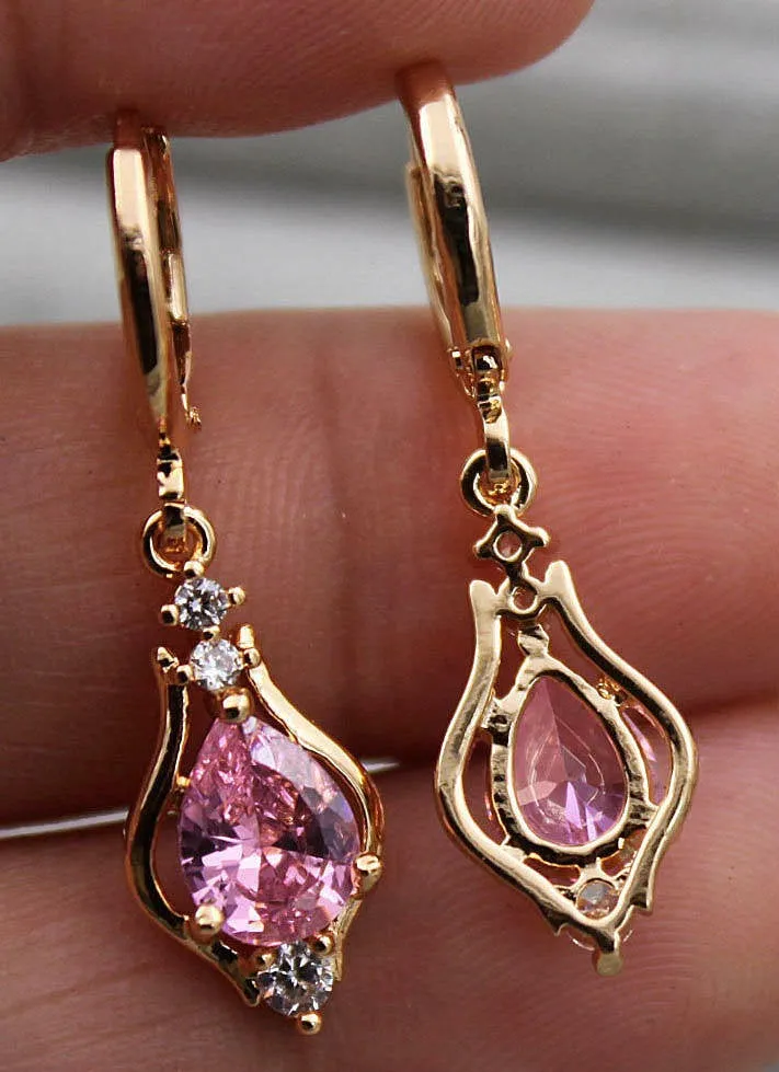 10% OFF- 18K Yellow Gold Filled 1.2'' Hollow Teardrop Peridot Pink Topaz Gems Women Earrings with Gift Box
