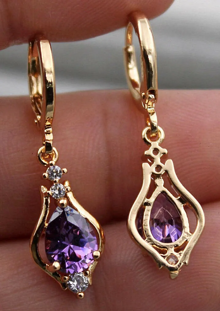 10% OFF- 18K Yellow Gold Filled 1.2'' Hollow Teardrop Peridot Purple Topaz Gems Women Earrings with Gift Box