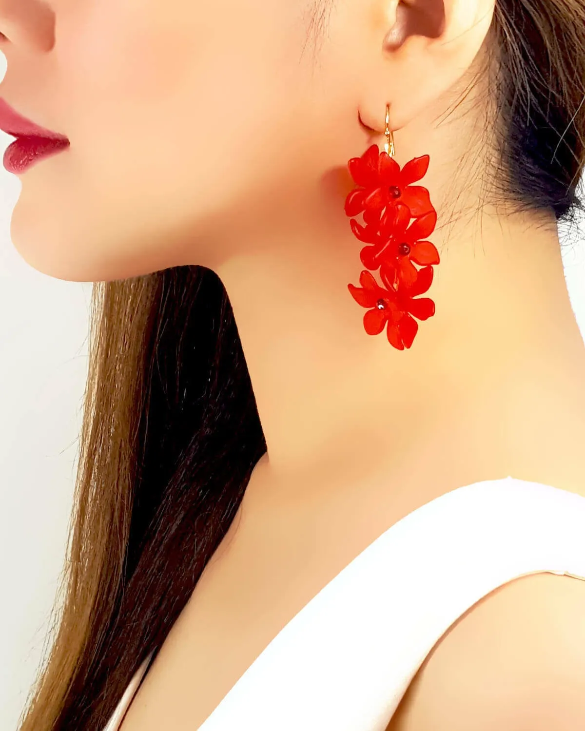 10% OFF- 2 pcs Certified Natural Jadeite Emerald A*Jade HandCarved A Pair of 18K Gold Plated  Red Flower Jade Drop Earrings EG7697R
