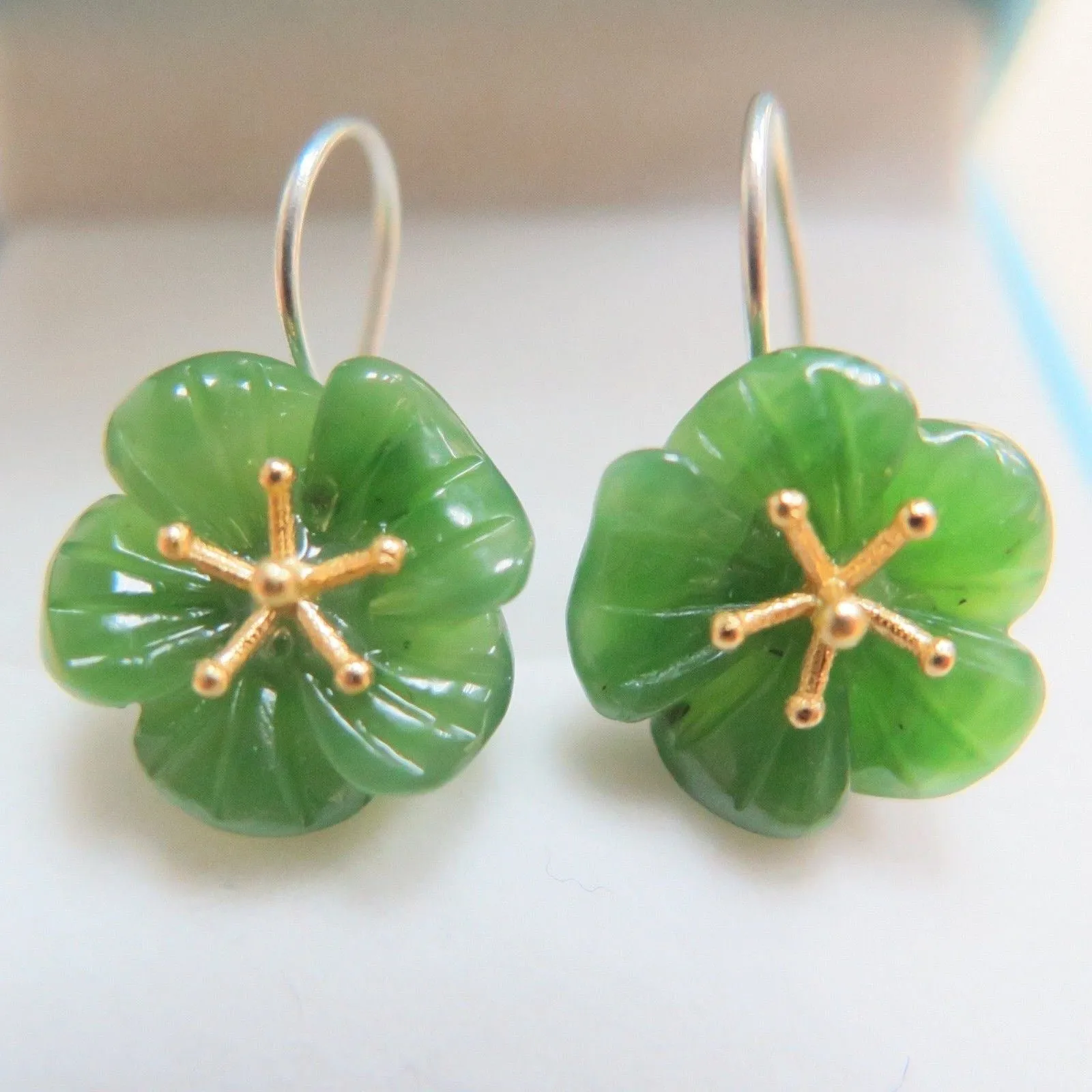 10% OFF- 2 pcs-Certified Natural Jadeite Emerald Jade A Pair of Lucky Flower Jade Earrings《Grade A》
