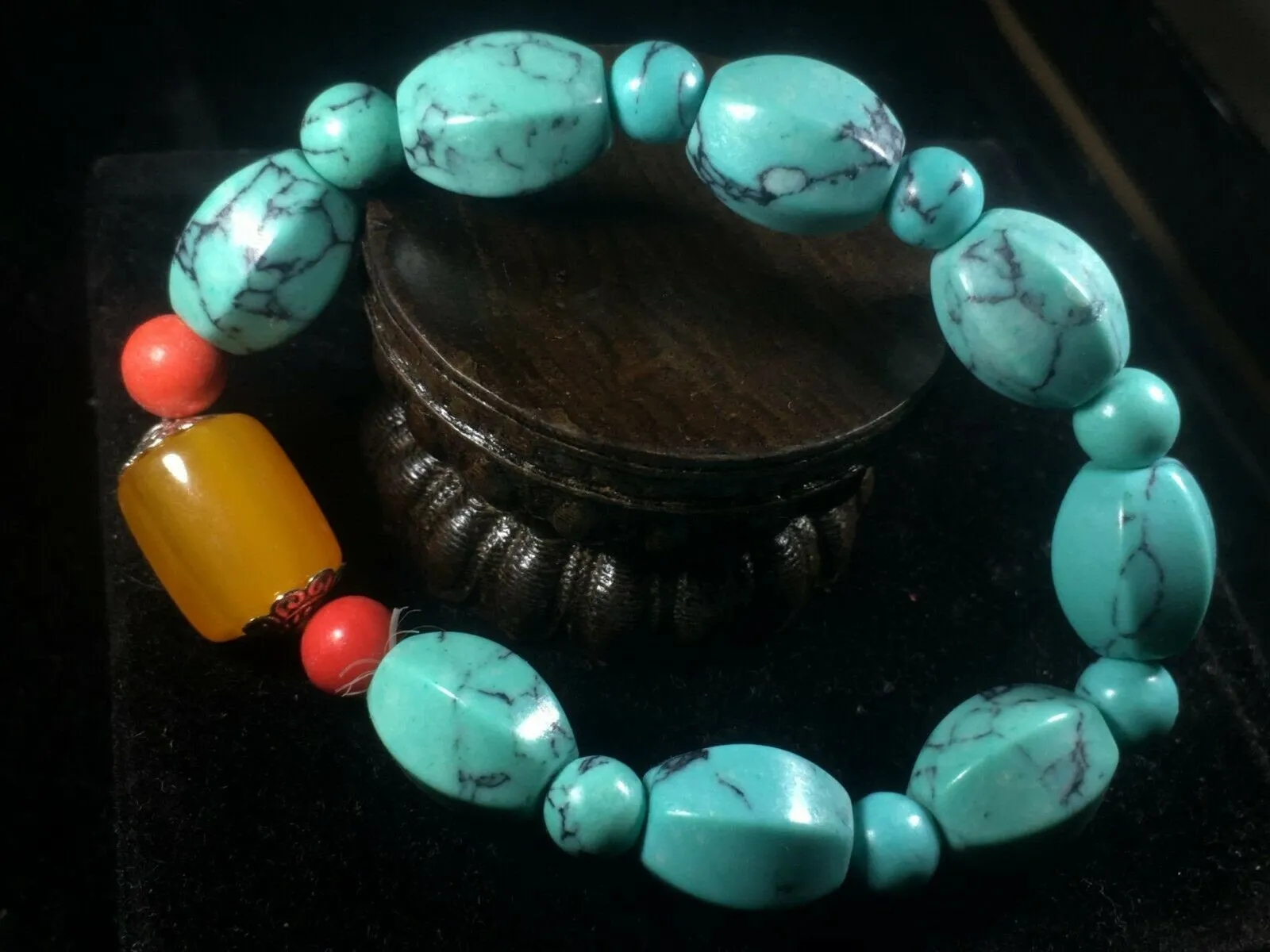 10% OFF- 54-62mm Certified Natural Turquoise HandCarved Woven Stretchy Lucky Pray Bracelet A1214