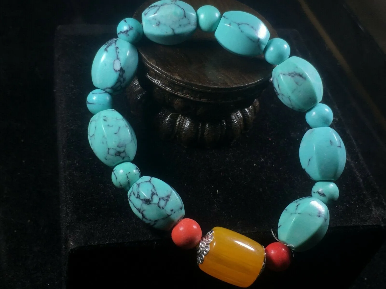 10% OFF- 54-62mm Certified Natural Turquoise HandCarved Woven Stretchy Lucky Pray Bracelet A1214