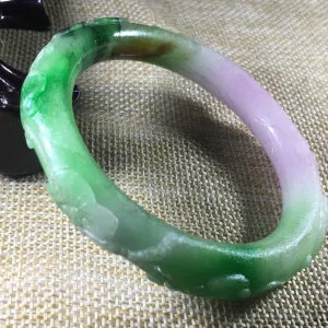 10% OFF- 56/57/58 mm Certified Natural 3 Color Jadeite Emerald A*Jade HandCarved Ruyi Flower Bangle C049