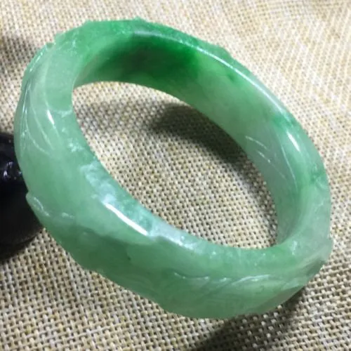 10% OFF- 56/57/58 mm Certified Natural Light Green Jadeite Emerald A*Jade HandCarved Ruyi Flower Bangle A11