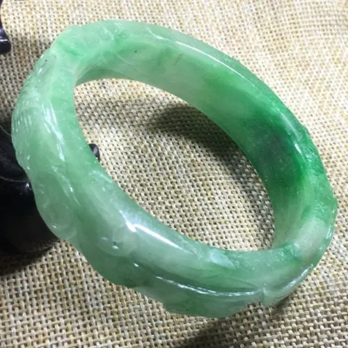 10% OFF- 56/57/58 mm Certified Natural Light Green Jadeite Emerald A*Jade HandCarved Ruyi Flower Bangle A11