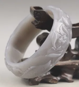 10% OFF- 56/57/58mm Certified China Natural White Gray Hetian Emerald A*Jade HandCaved Flower Fish Yuanyang Bangle NO.E692