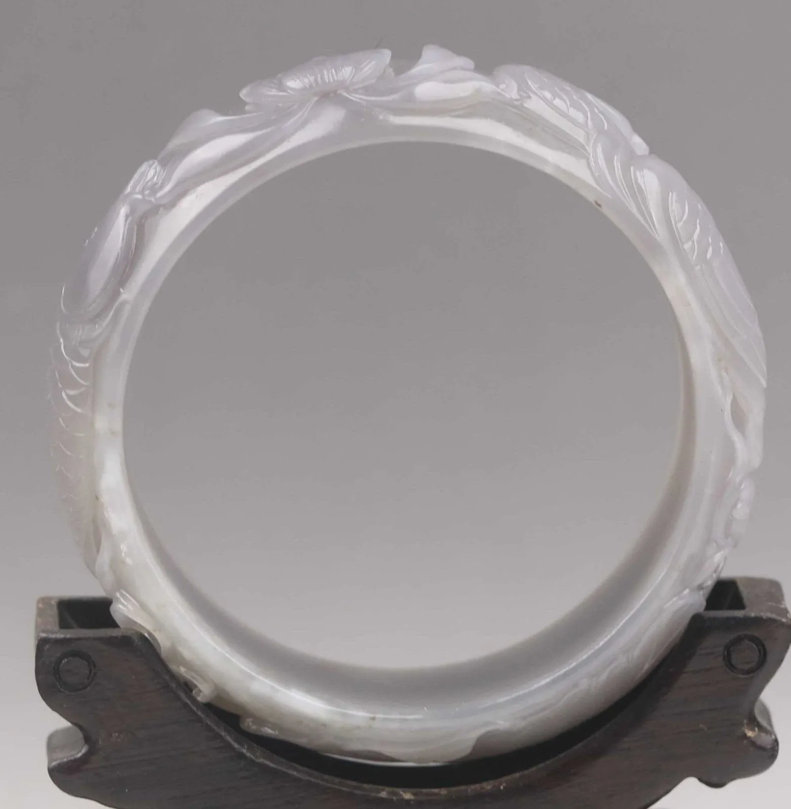 10% OFF- 56/57/58mm Certified China Natural White Gray Hetian Emerald A*Jade HandCaved Flower Fish Yuanyang Bangle NO.E692