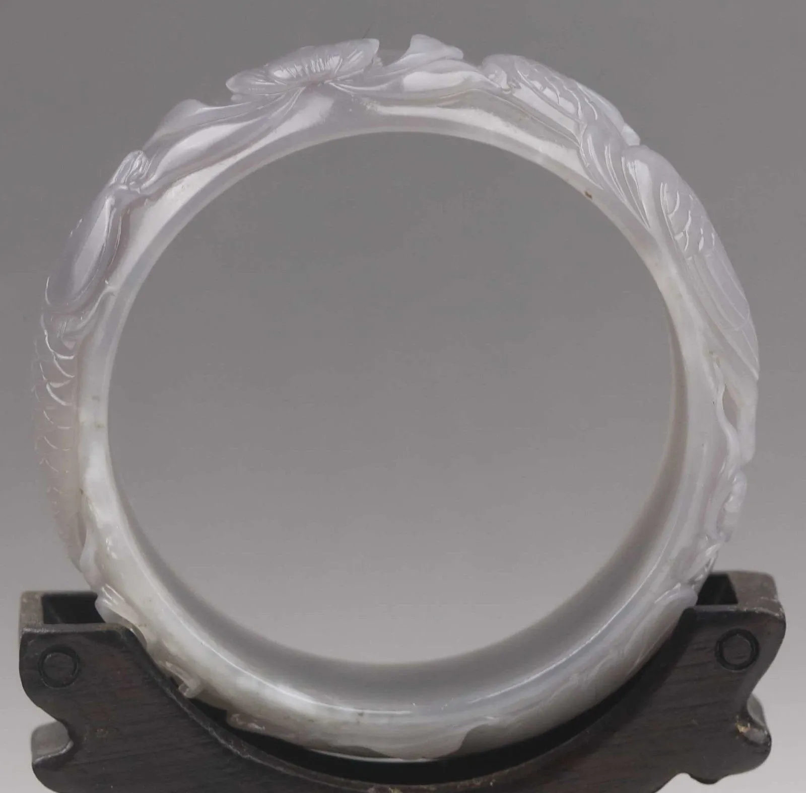 10% OFF- 56/57/58mm Certified China Natural White Gray Hetian Emerald A*Jade HandCaved Flower Fish Yuanyang Bangle NO.E692