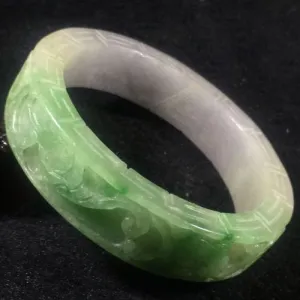 10% OFF- 57/58/59 mm Certified Natural 3 Color Jadeite Emerald A*Jade HandCarved Ruyi Flower Bangle A034