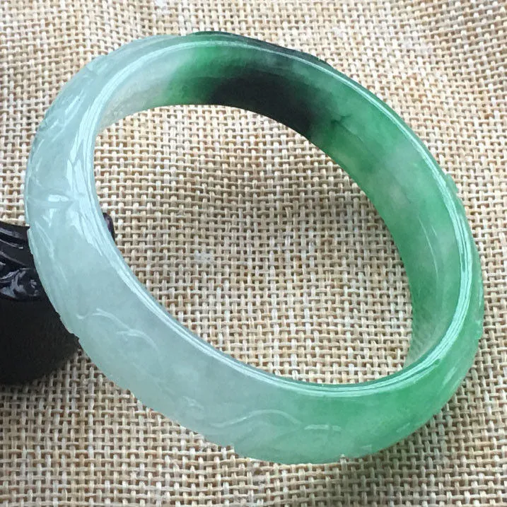 10% OFF- 57/58/59 mm Certified Natural Icy Jadeite Emerald A Jade HandCarve Ruyi Flower Bracelet Bangle F019