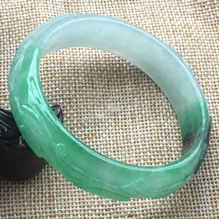 10% OFF- 57/58/59 mm Certified Natural Icy Jadeite Emerald A Jade HandCarve Ruyi Flower Bracelet Bangle F019