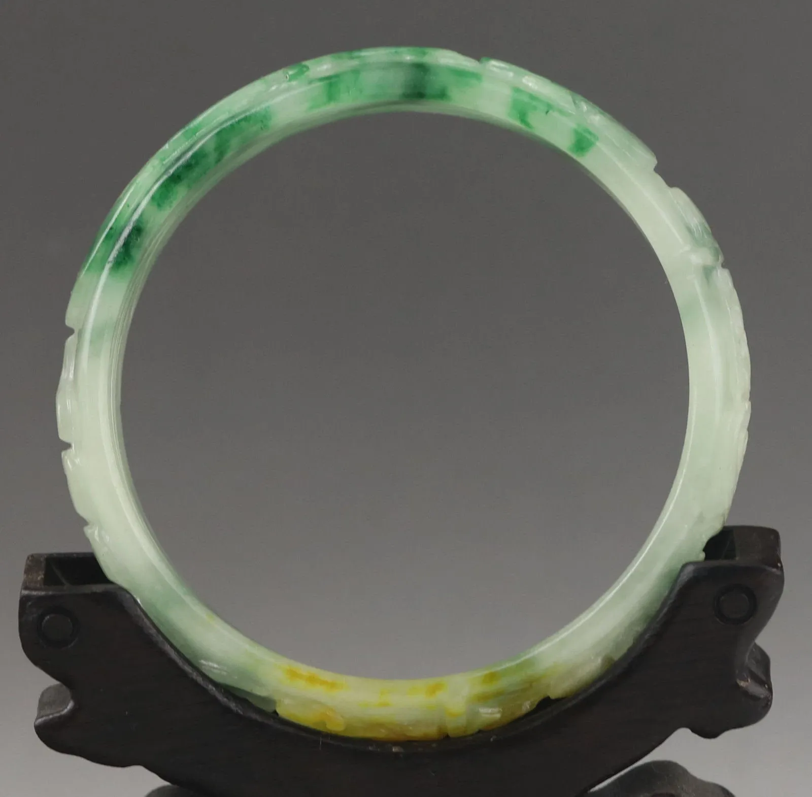 10% OFF- 57/58/59mm Certified Natural 3 Color Jadeite Emerald A*Jade HandCarved Ruyi Flower Bangle NO.F205