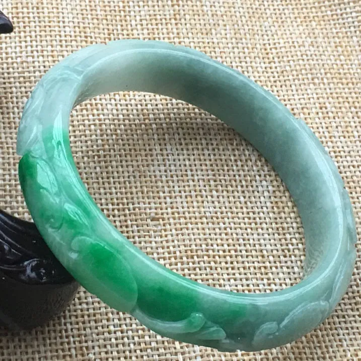 10% OFF- 60/61/62 mm Certified Natural Jadeite Emerald A Jade HandCarved Ruyi Flower Bracelet Bangle A015
