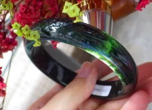 10% OFF- 60/61/62mm Certified Natural Black-Green Emerald A*Jade Carved Bangle
