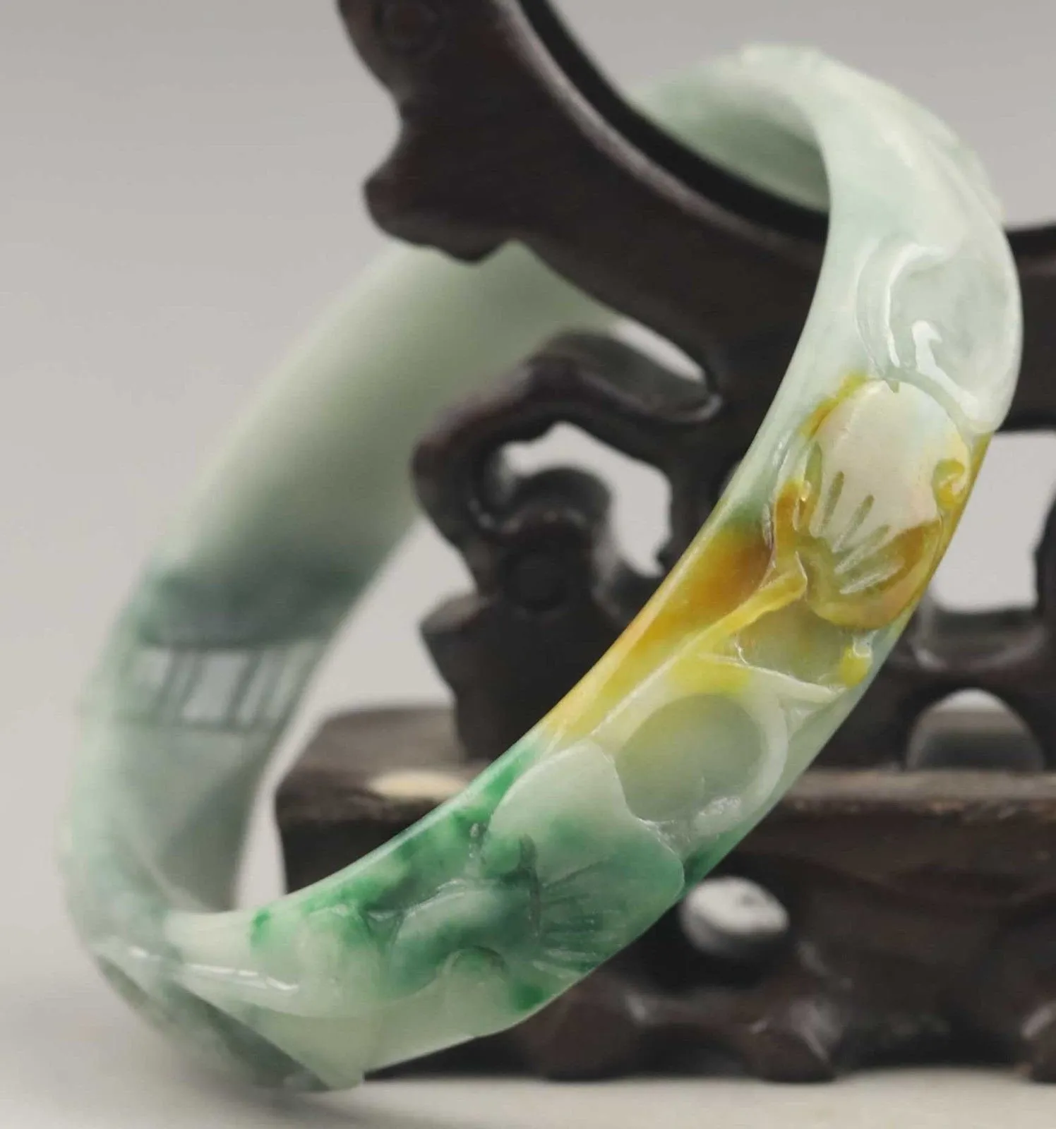 10% OFF- 61/62/63 mm Certified Natural 3 Color Jadeite Emerald A*Jade HandCarved Ruyi Flower Bangle A1940