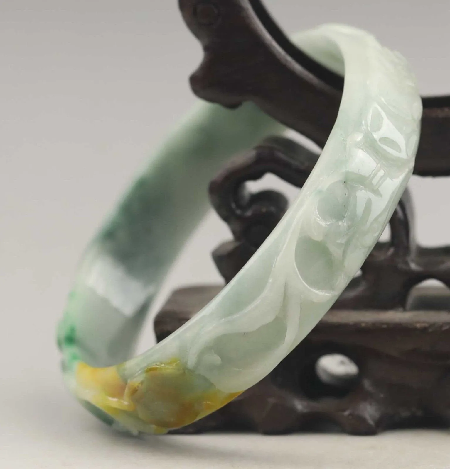 10% OFF- 61/62/63 mm Certified Natural 3 Color Jadeite Emerald A*Jade HandCarved Ruyi Flower Bangle A1940
