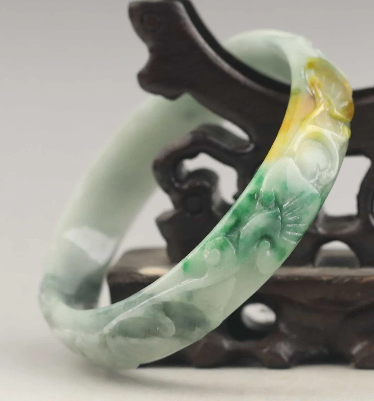 10% OFF- 61/62/63 mm Certified Natural 3 Color Jadeite Emerald A*Jade HandCarved Ruyi Flower Bangle A1940