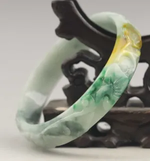 10% OFF- 61/62/63 mm Certified Natural 3 Color Jadeite Emerald A*Jade HandCarved Ruyi Flower Bangle A1940