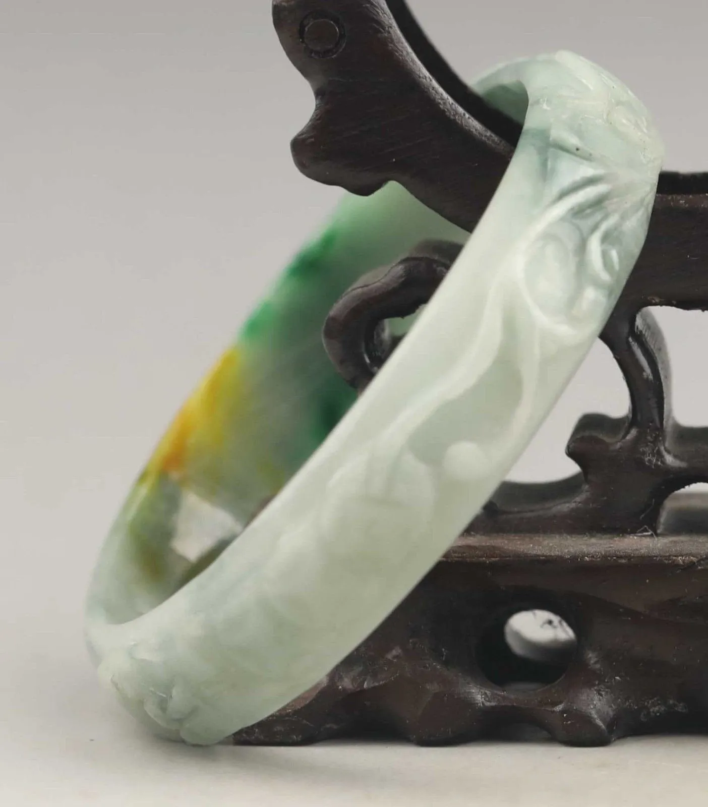 10% OFF- 61/62/63 mm Certified Natural 3 Color Jadeite Emerald A*Jade HandCarved Ruyi Flower Bangle A1940