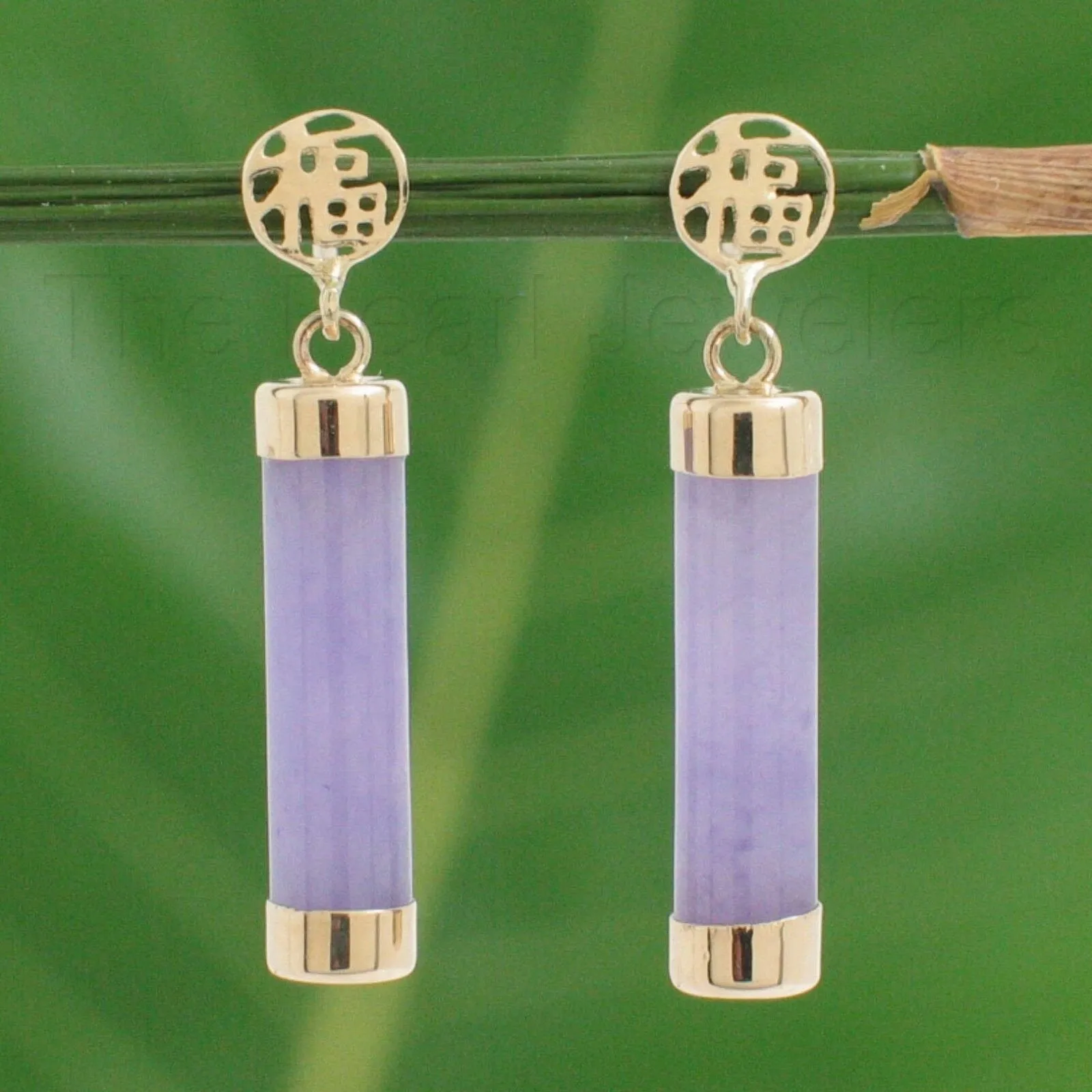 10% OFF- A Pair of 14k Solid Yellow Gold Blessing Dangle Tube Shaped Lavender Jadeite A Jade Stud Earrings TPJ