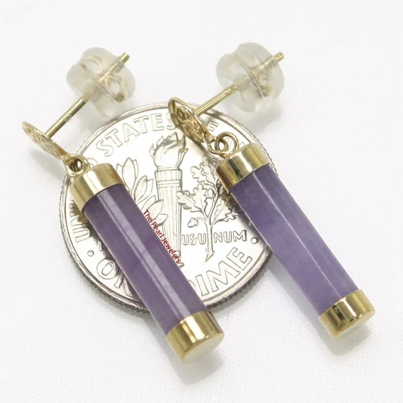10% OFF- A Pair of 14k Solid Yellow Gold Blessing Dangle Tube Shaped Lavender Jadeite A Jade Stud Earrings TPJ