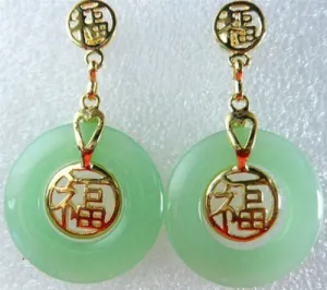 10% OFF- A Pair of Natural Green Jadeite A Jade Yellow Gold Plated Fortune Good Luck Dangle Stud Earrings
