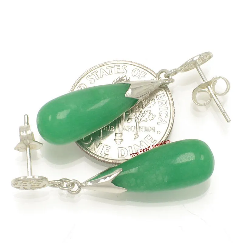 10% OFF- A Pair of Solid Sterling Silver 925 Good Luck Green Jadeite A Jade Dangle Stud Earrings TPJ