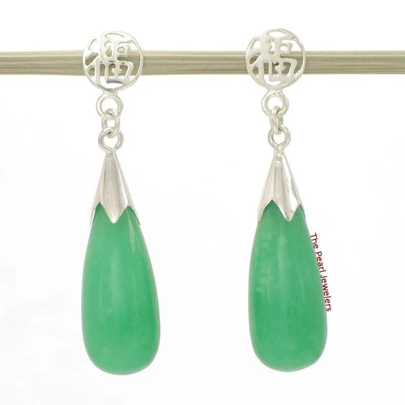10% OFF- A Pair of Solid Sterling Silver 925 Good Luck Green Jadeite A Jade Dangle Stud Earrings TPJ