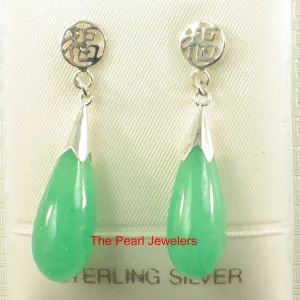 10% OFF- A Pair of Solid Sterling Silver 925 Good Luck Green Jadeite A Jade Dangle Stud Earrings TPJ
