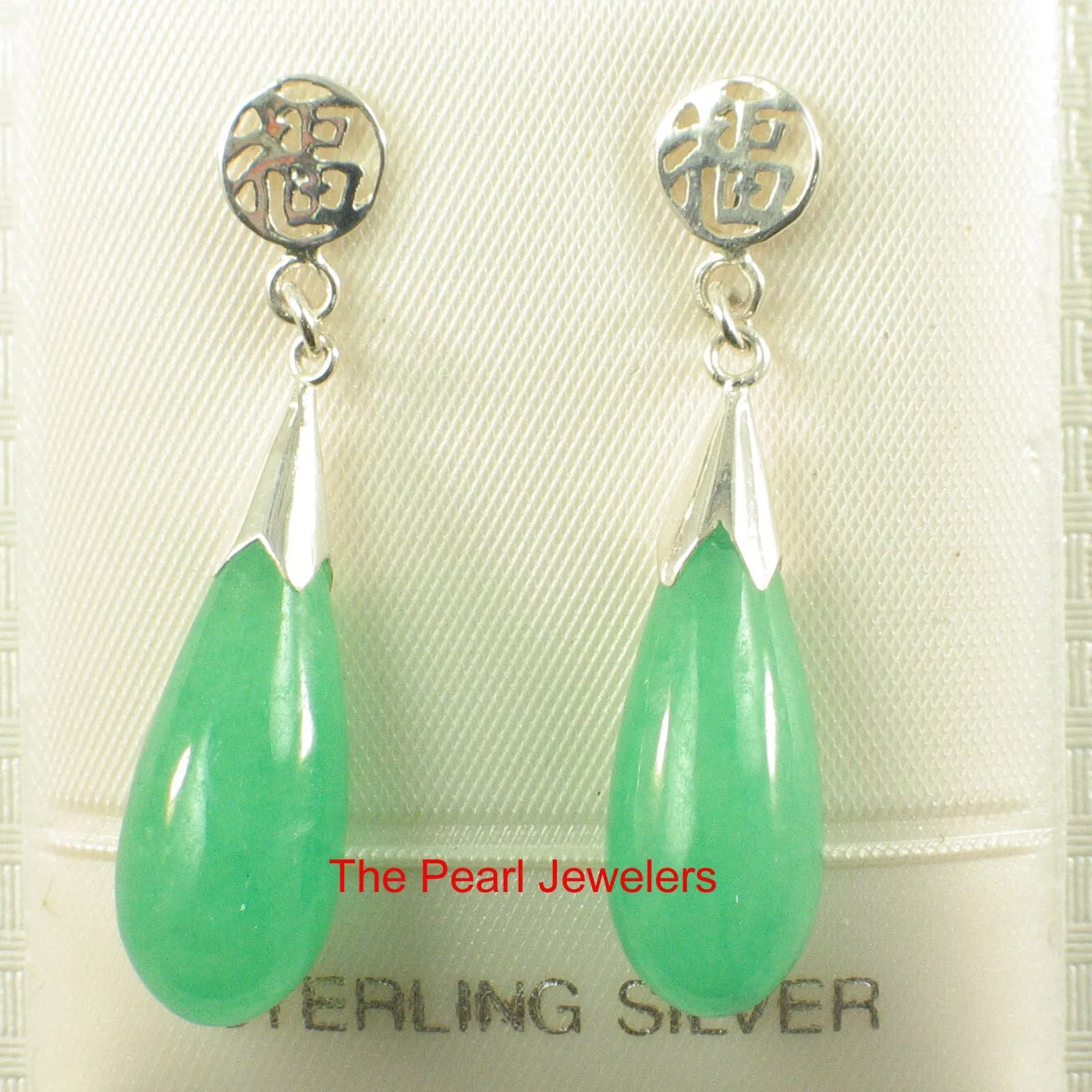 10% OFF- A Pair of Solid Sterling Silver 925 Good Luck Green Jadeite A Jade Dangle Stud Earrings TPJ