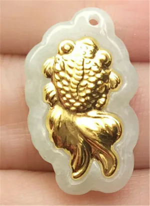 10% OFF- Certified Natural Gold & Icy Jadeite Emerald A*Jade HandCarved Tablet Gold Fish Pendant N0769