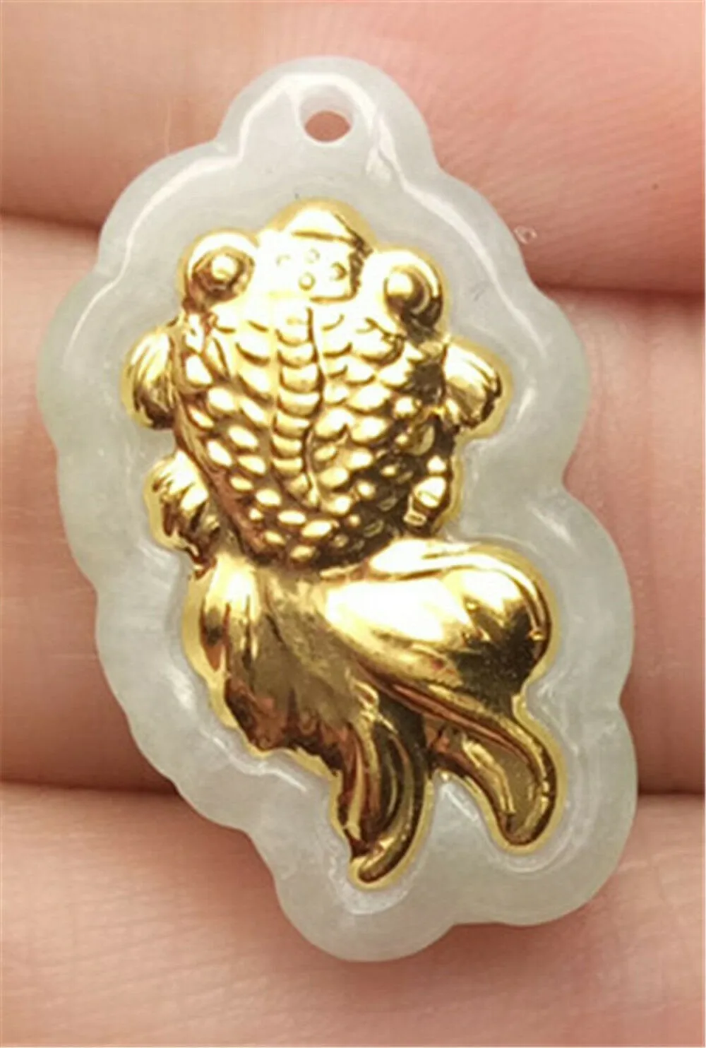 10% OFF- Certified Natural Gold & Icy Jadeite Emerald A*Jade HandCarved Tablet Gold Fish Pendant N0769