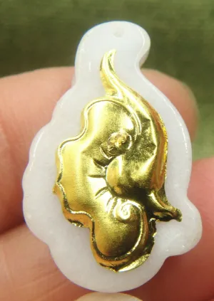 10% OFF- Certified Natural Gold & Icy Jadeite Emerald A*Jade HandCarved Tablet Ruyi 吉祥如意 Pendant Y0279