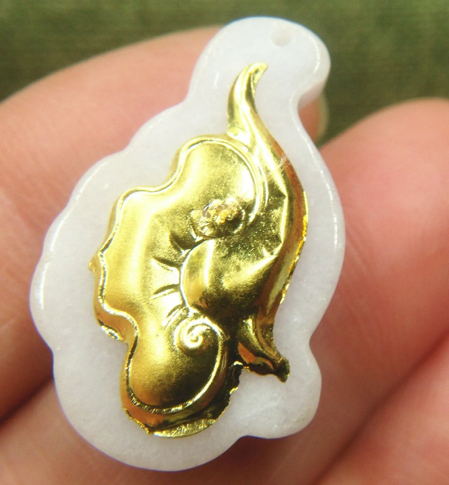 10% OFF- Certified Natural Gold & Icy Jadeite Emerald A*Jade HandCarved Tablet Ruyi 吉祥如意 Pendant Y0279