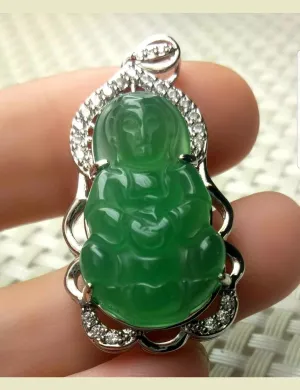 10% OFF- Certified Natural Jadeite Emerald A Jade Handcrafted Guanyin 925 Sterling Silver Pendant