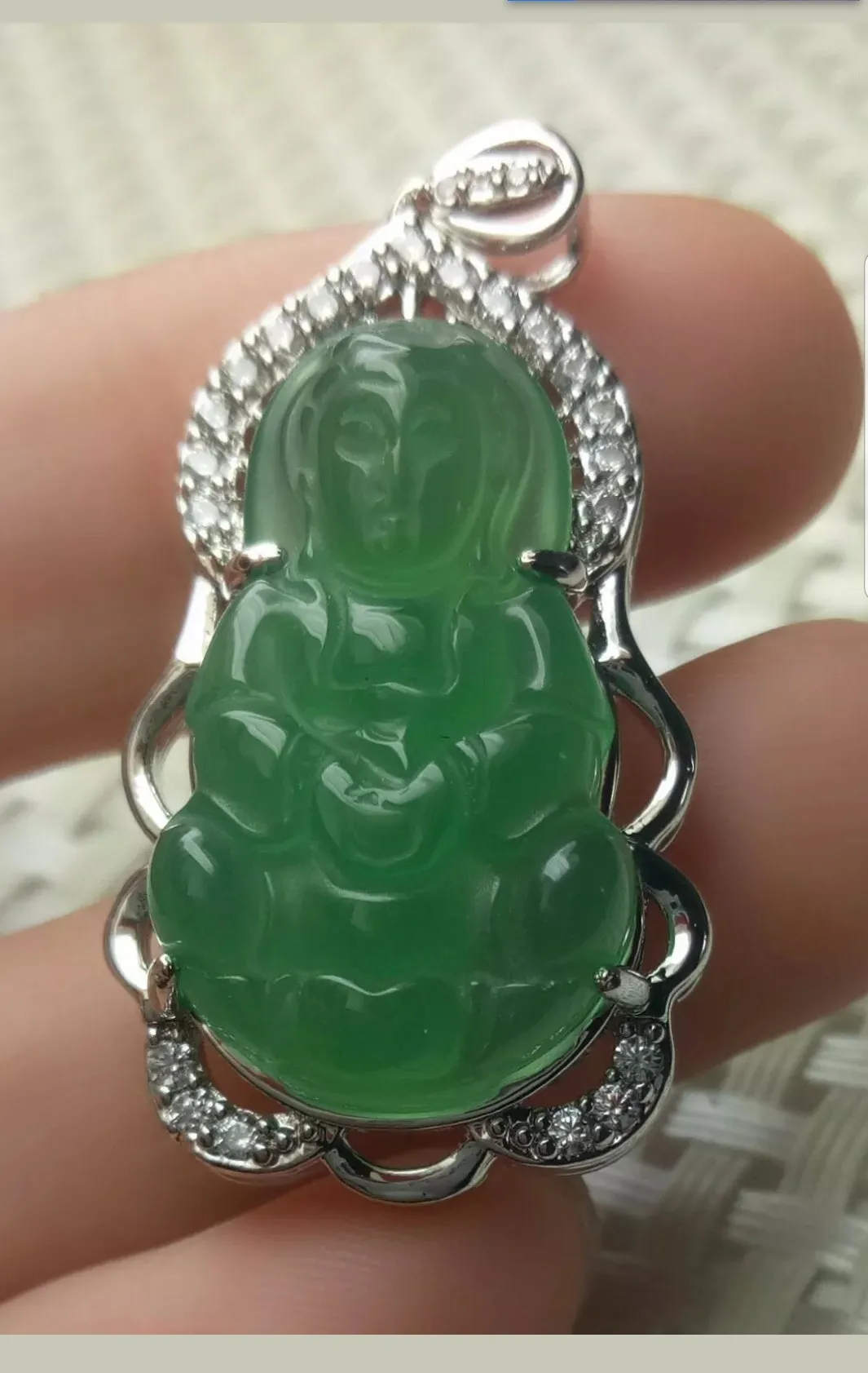 10% OFF- Certified Natural Jadeite Emerald A Jade Handcrafted Guanyin 925 Sterling Silver Pendant