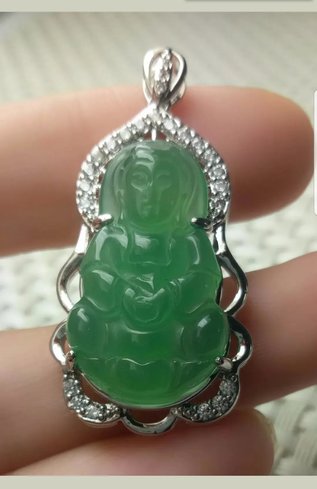 10% OFF- Certified Natural Jadeite Emerald A Jade Handcrafted Guanyin 925 Sterling Silver Pendant
