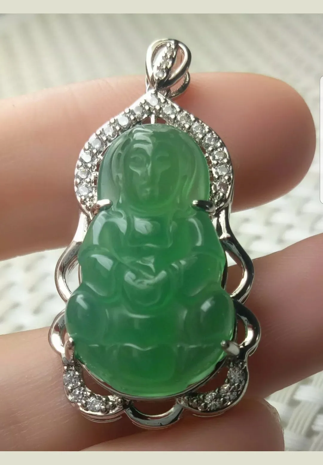 10% OFF- Certified Natural Jadeite Emerald A Jade Handcrafted Guanyin 925 Sterling Silver Pendant