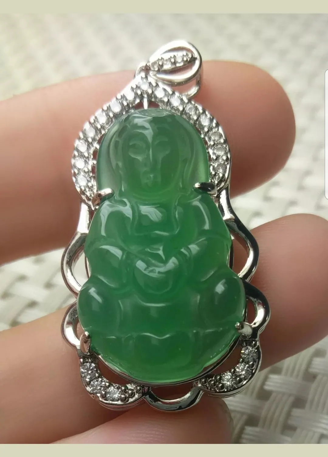 10% OFF- Certified Natural Jadeite Emerald A Jade Handcrafted Guanyin 925 Sterling Silver Pendant