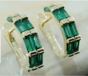 10% OFF- Vintage Natural Green Emerald A*Jade Handcrafted A Pair of Lucky Huggie Stud Earrings Stamped 925 Sterling Silver