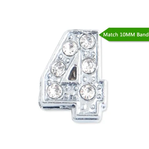 10MM Number "4" Slider Charms,Crystal Rhinestones Number Beads,Silver Plated,Match 10mm Band or Slider Bracelet;sold 50pcs per pkg